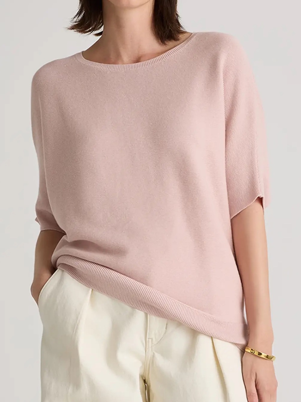 Quince Lightweight Cotton Cashmere Link-Stitch Dolman Sweater Sugar Stone